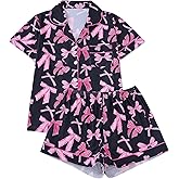 WDIRARA Women's 2 Piece Bow Print Pajama Set Short Sleeve Button Down Lounge Shorts Sleepwear Sets