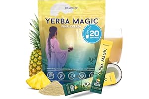 BRAINISTA Yerba Magic – Yerba Mate Instant Tea Sticks with Nootropics, Prebiotics & Probiotics – Clean Energy, Mental Clarity & Gut Wellness | Low Sugar, Natural Caffeine – Pina Colada Flavor, 20 Pack