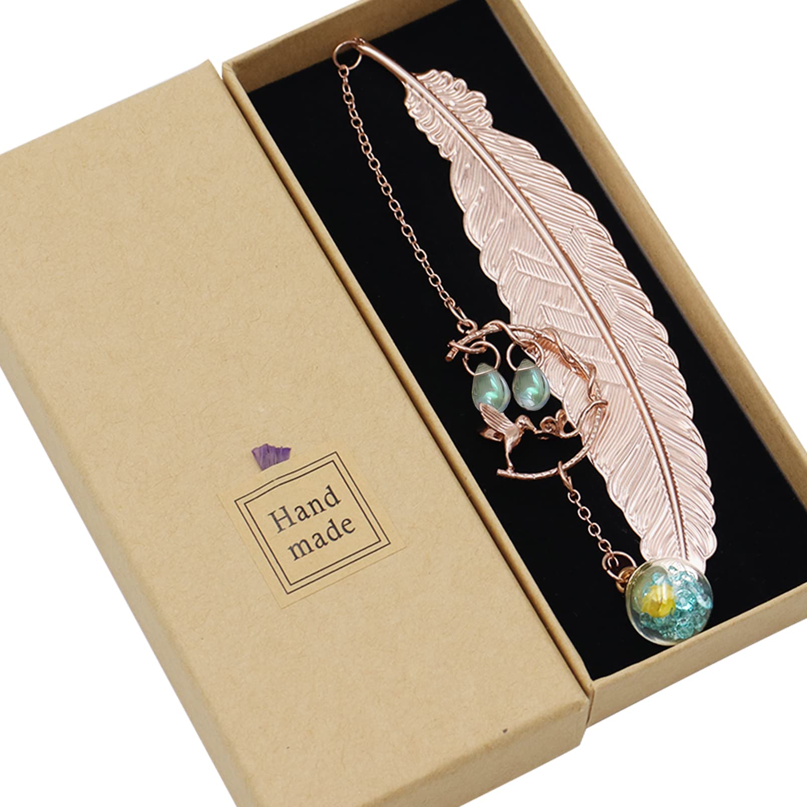 Metal Feather Bookmark with 3D Hummingbirdand and Glass Beads Pendant, Handmade Vintage Bookmark with Gift Box, Book Marker Gifts for Women, Kids, Readers, Teachers, Blue