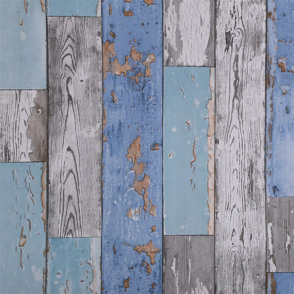 Dundee Deco AZ-W0447 Distressed Wood Blue, Teal, Grey Planks Peel and Stick Self Adhesive Removable Wallpaper, Roll 18 ft. X 18 in. (5.5m X 45cm), 26.6 sq. ft. (2.5 sq. m)