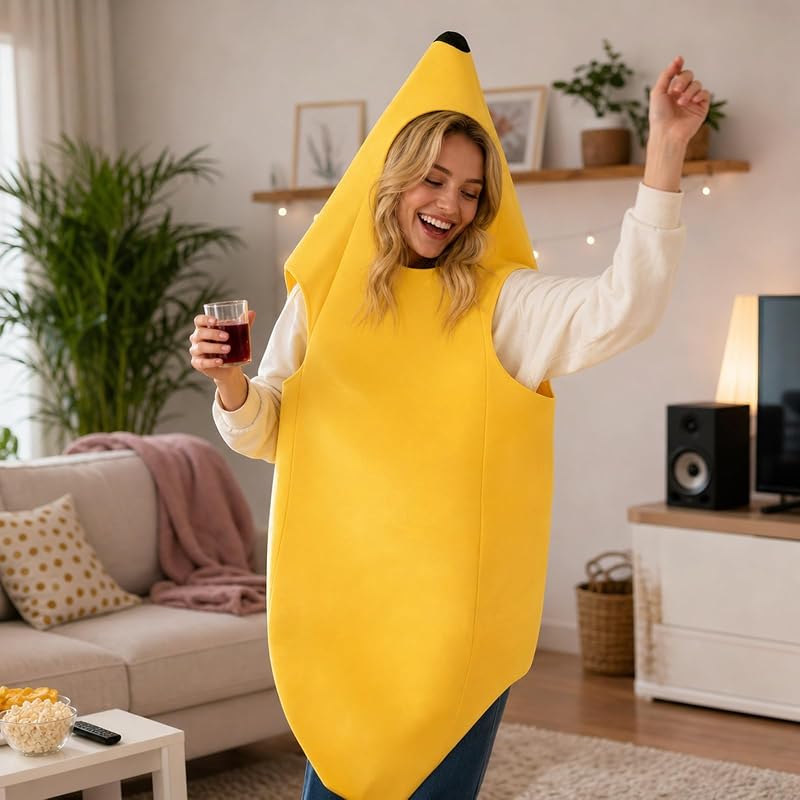 Bananen Kostüm, Bananenkostüm, Obst Kostüm, Lustiges Bananenkostüm für Erwachsene, Herren und Damen, Einteiliges Design für Karneval, Halloween, Party und Cosplay, Perfekte Geschenkidee