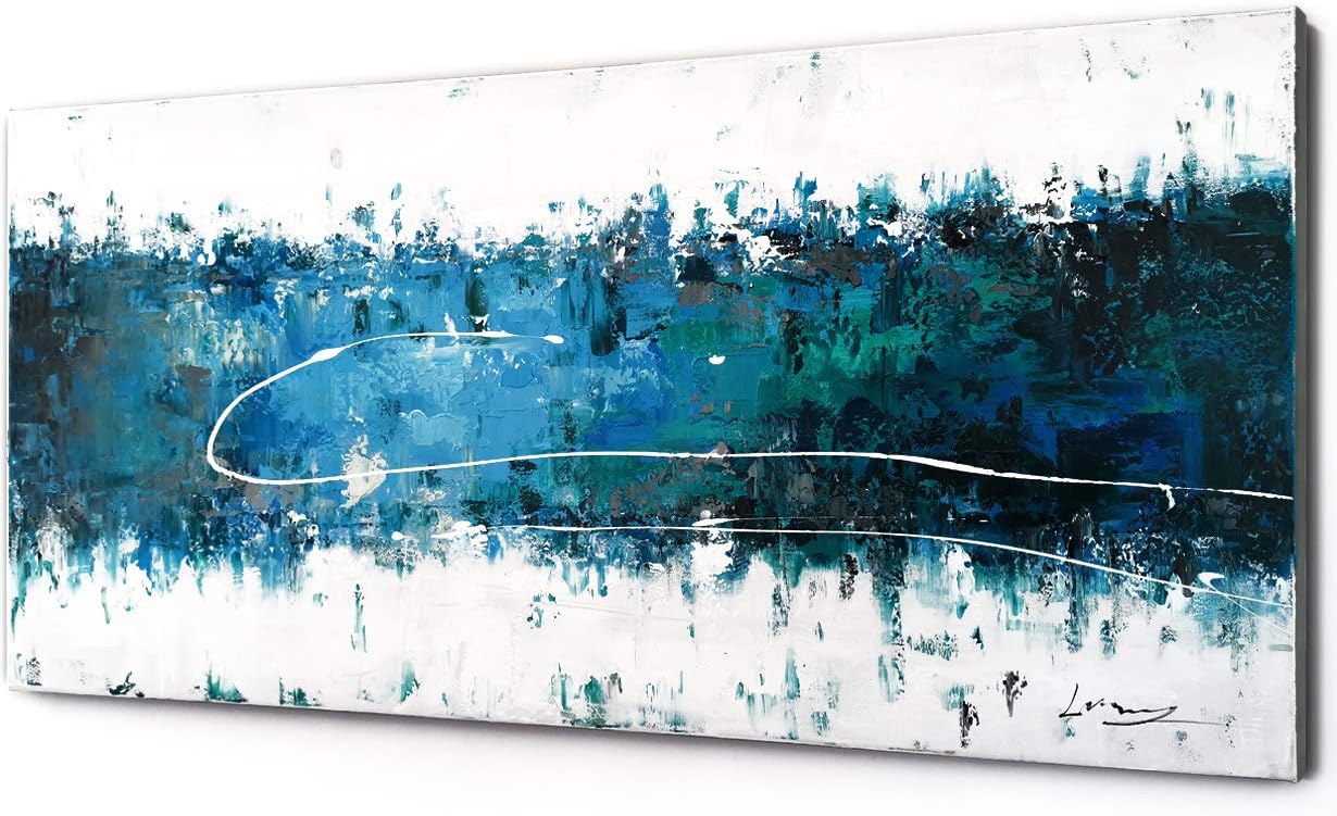 100% Hand Painting Modern Abstract Seascape Oil Painting On Canvas Framed Dark Blue Sea Hand Painting Wall Art Ready To Hang On Bathroom Living Room Bedroom For Wall Decor Home Decoration (48"X24")