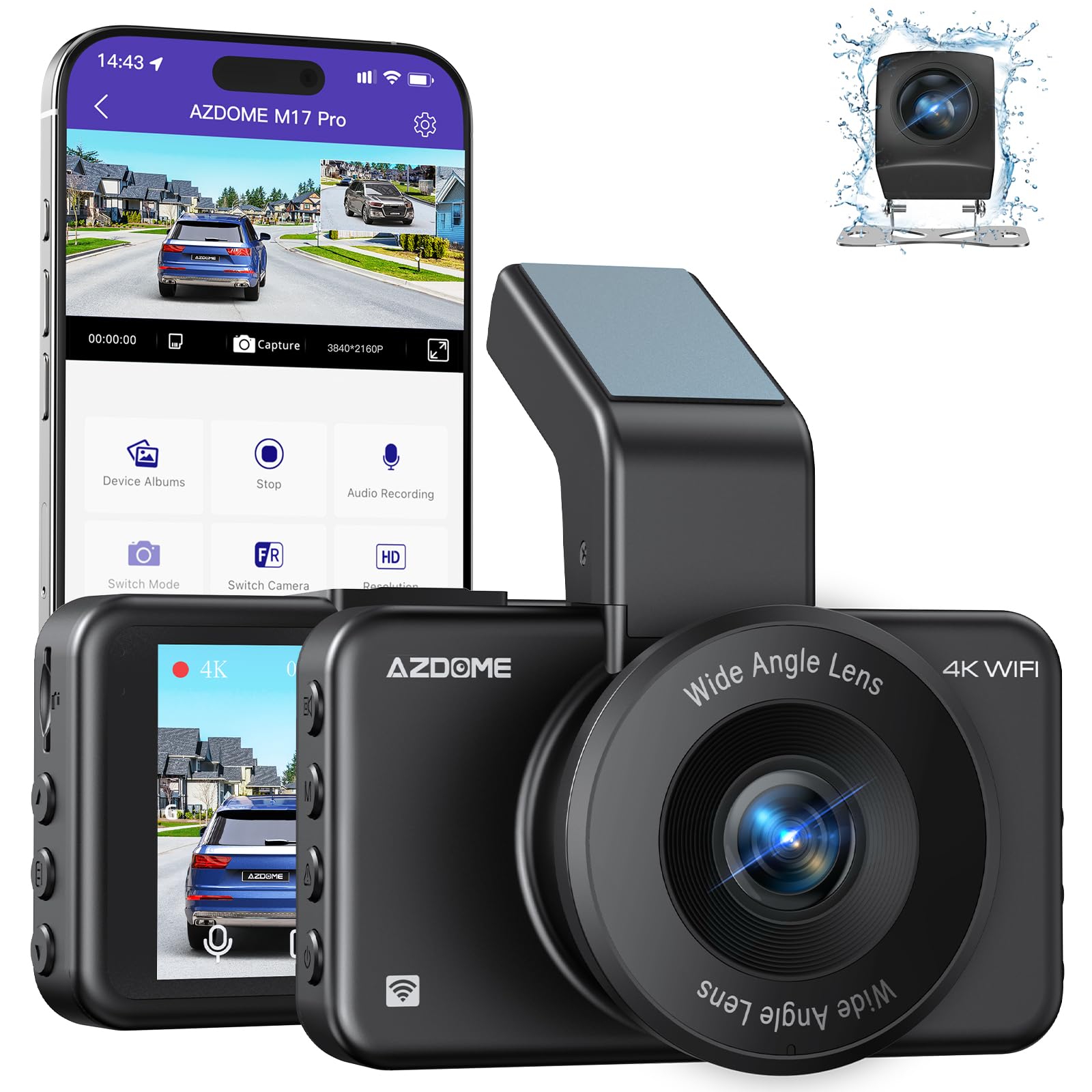 Photo 1 of AZDOME ADAS Dash Cam Front and Rear 4K+1080P, Free 64GB Card, WiFi 6 Dashcam, Voice Control Dash Camera for Cars, Car Camera with Parking Assist, G-Sensor 24H Parking Mode Loop Recording (M17 Pro)