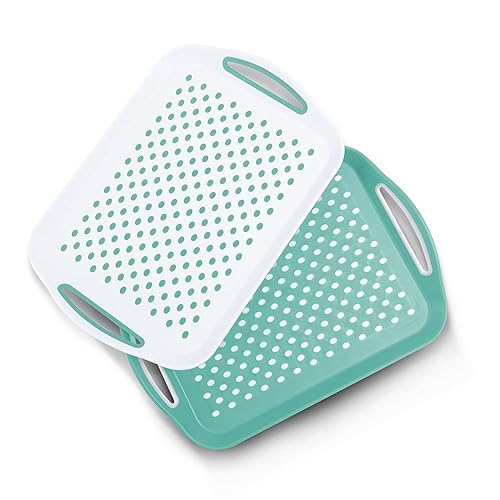 Essen 2-Pack Serving Tray Set – Non-Slip Lap Boards with Grip Handles, Ideal for Food Prep, Tea, Breakfast in Bed – Plastic Tray for Stable Dining – Dishwasher Safe (Green & White)