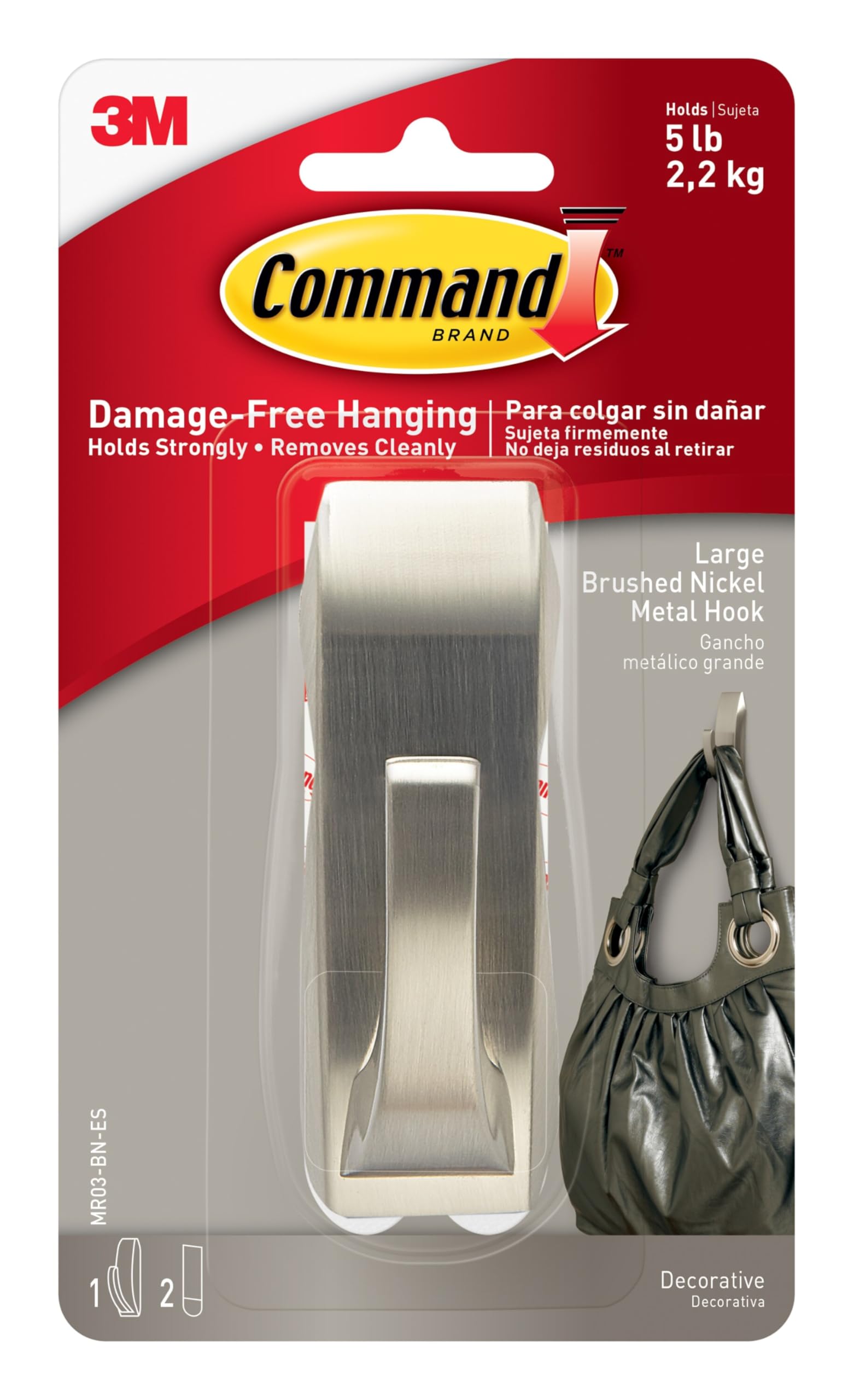 Command Large Modern Reflections Brushed Nickel Metal Hook, Indoor use - 1 Hook and 2 Adhesive Strips - Hang Jackets, Purses, Handbags, Backpacks, Hats, Scarves, Dog leads - Organise Damage Free
