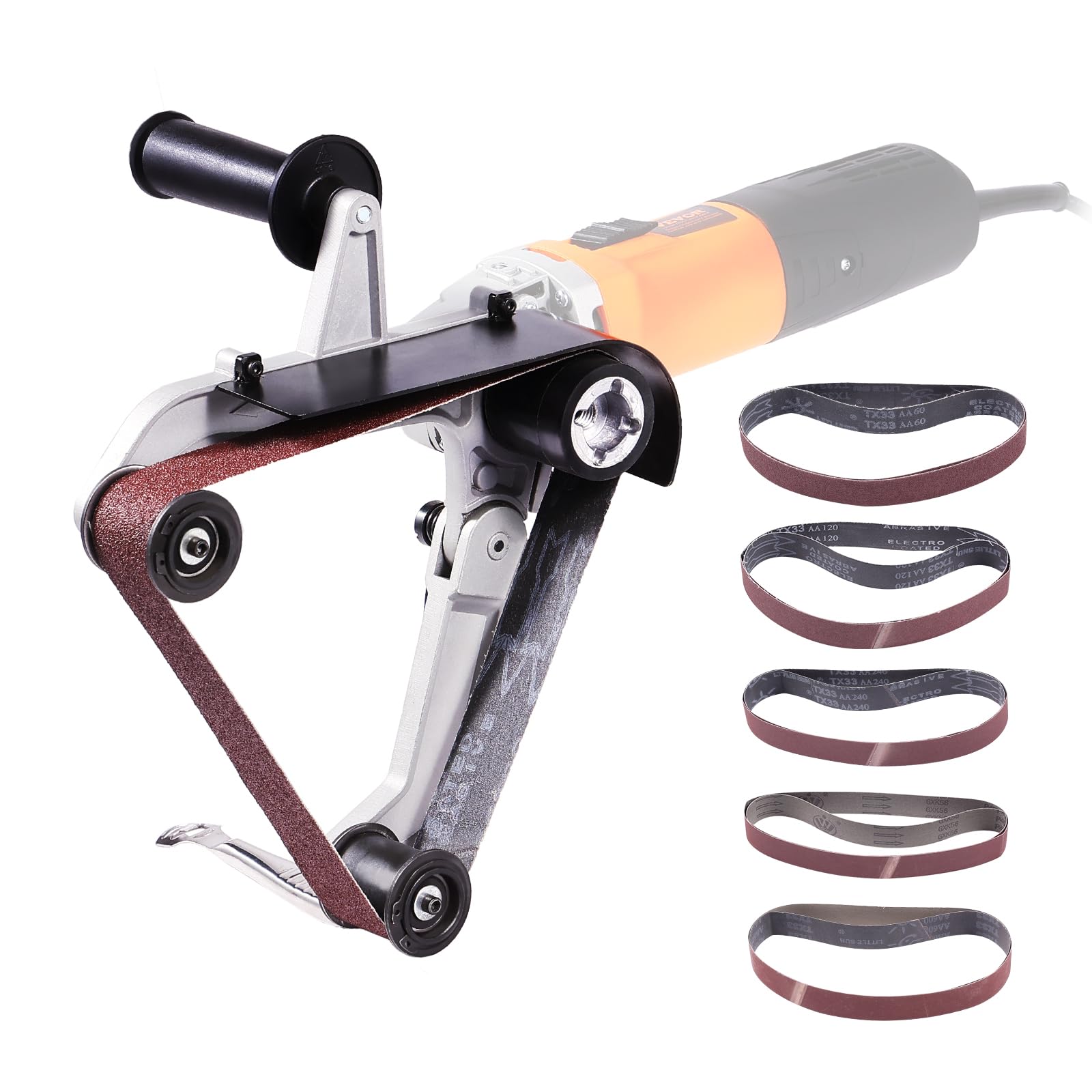 Photo 1 of VEVOR Belt Sander Adapter for Angle Grinder, US 5/8-11 Thread Pipe Tube Sanding Attachment with 10PCS Sanding Belts (60/120/240/400/600 Grits) for Metalworking, Rust Removal