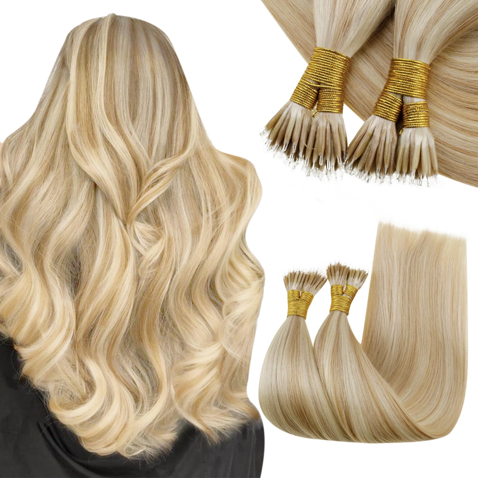 RUNATURE Nano Hair Extensions Real Human Hair Blonde Highlight Ash Blonde Nano Beads Hair Extensions Human Hair Blonde Invisible Nano Rings Hair 12 Inch 40 Gram #18P613