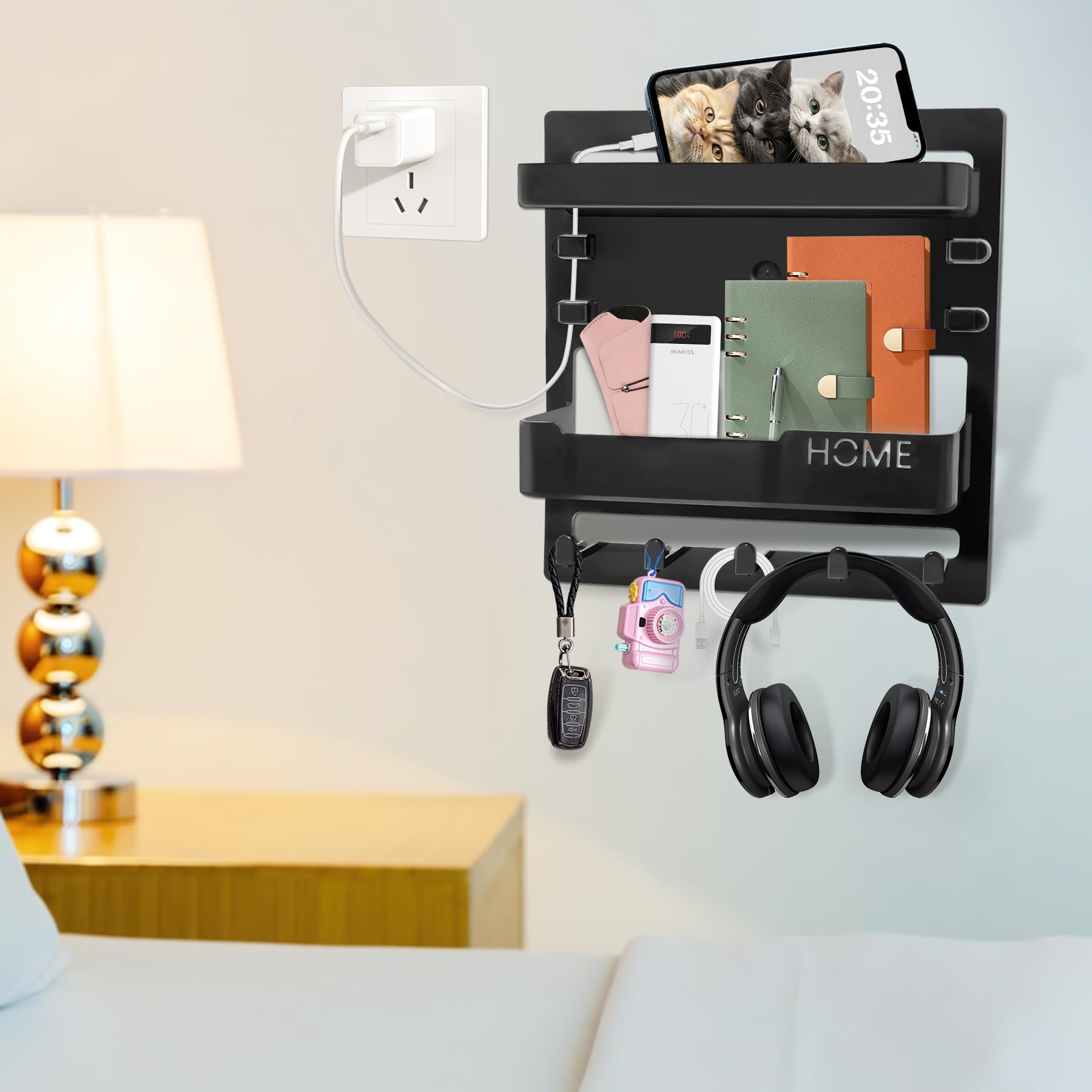 Photo 1 of Bedside Shelf Wall Mount Wall Nightstand for Bedroom,Rv,Dorm Room Decor, Dorm Room Essential,Bedside Wall Organizer for Phone, Remote, Earphone, Plastic(Black) (1, Black)