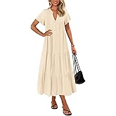 KIRUNDO Summer Maxi Dresses for Women 2026 Spring Fashion Short Sleeve Button V Neck Pleated Loose Tiered Swing Flowy Dress