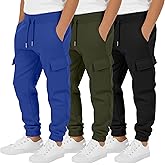 LessonZoo 3 Pack Boy's Cargo Sweatpants Kids Teens Drawstring Running Joggers with Pockets Elastic Waistband Athletic Pants
