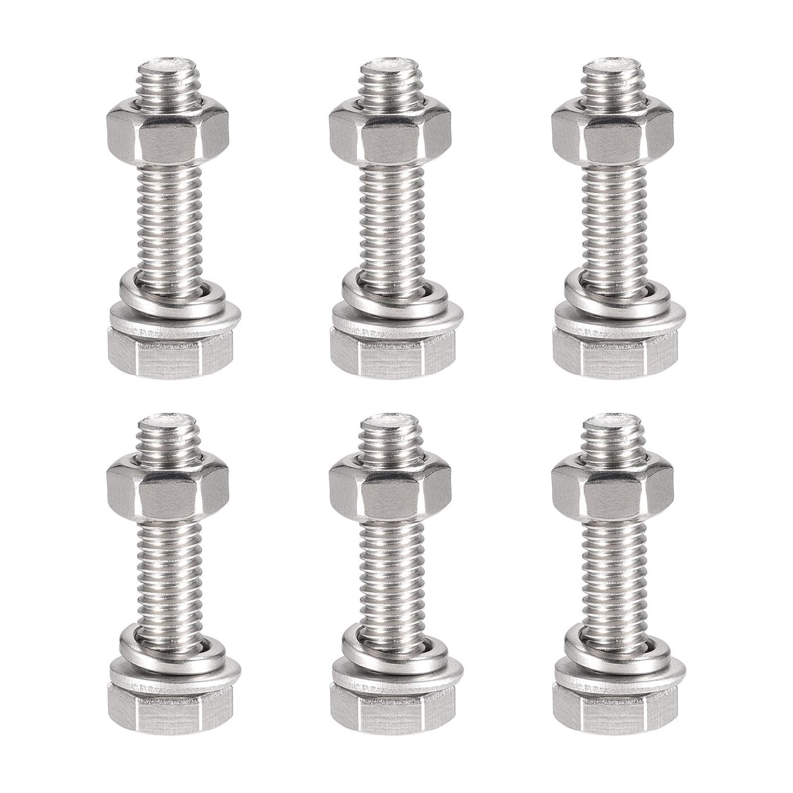 TOP-VIGOR 6Pcs M6 x 25mm Hex Head Screws Bolts, Nuts, Flat & Lock Washers Kits, 304 Stainless Steel Fully Thread Hexagon Bolts for DIY Bike Motorcycles Repair