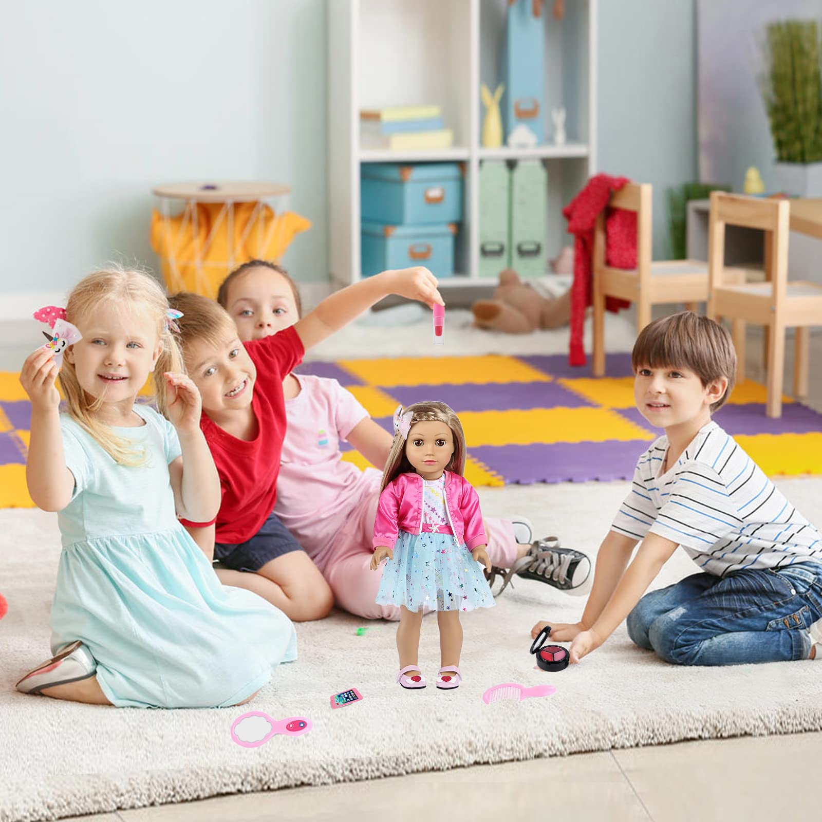 American 18 Inch Doll Clothes and Makeup Accessories Set Includes Clothes Backpack Sunglasses Phone Shoes Comb Mirror Eye Shadow Lipstick Hair Clip Hair Tie(Doll NOT Included)