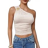 winkbay Women's 3D Floral One Shoulder Tops Ruched Sleeveless Party Club Tank Top