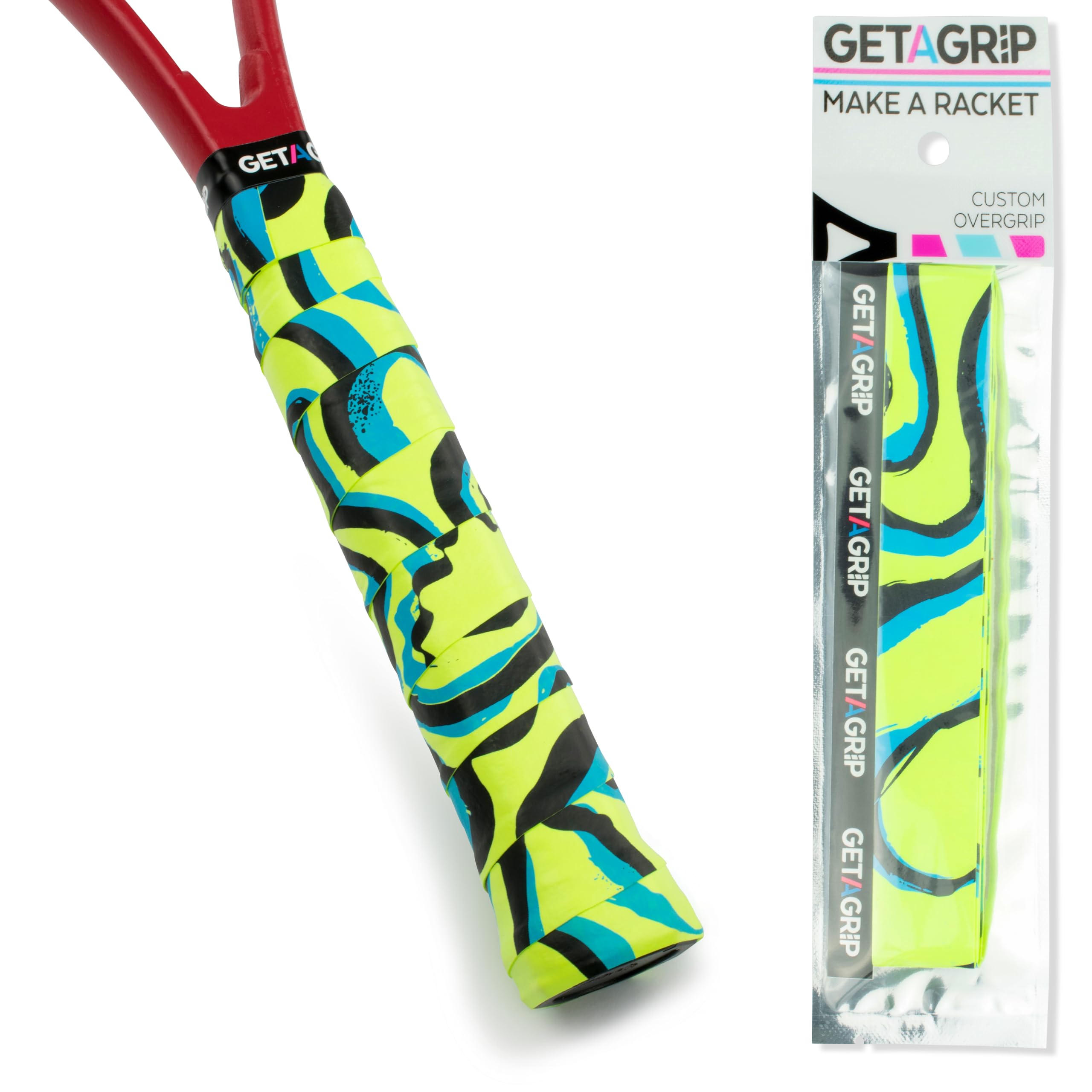 GET A GRIP - Custom Tennis Racket Grip Tape - Anti-Slip/Quick-Drying Tennis Overgrips - Precut Badminton Racket Grip with Finishing Tape - Squash Racket Grip Tapes (The Flow, 1)