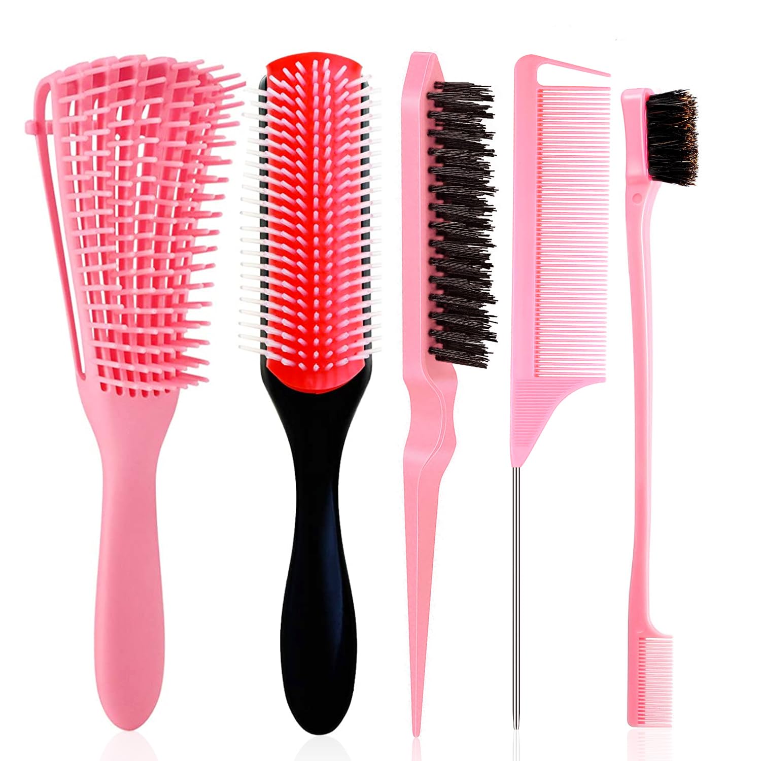 Photo 1 of 5 Pcs Detangling Brush Set - Cushion Nylon Bristles, Dual Edge, Teasing, and Styling Comb (Pink)
