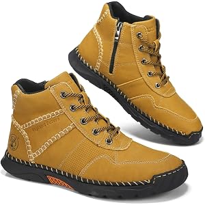 FLYLAND Men's Leather Mid Top Ankle Boots Side Zipper Casual Work Shoes | Lace-up outdoor walking fashion design, rugged rubb