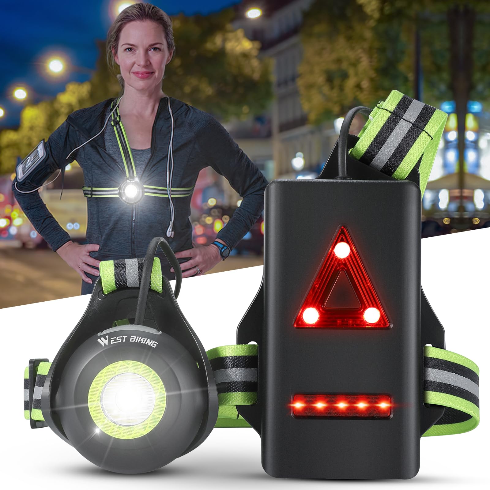 ICOCOPRO Running Lights for Runners, 500 Lumen Chest Light with Reflective Straps, 90 ° Adjustable IPX4 Waterproof Running Torch with Red Rear Light for Jogging, Fishing, Camping