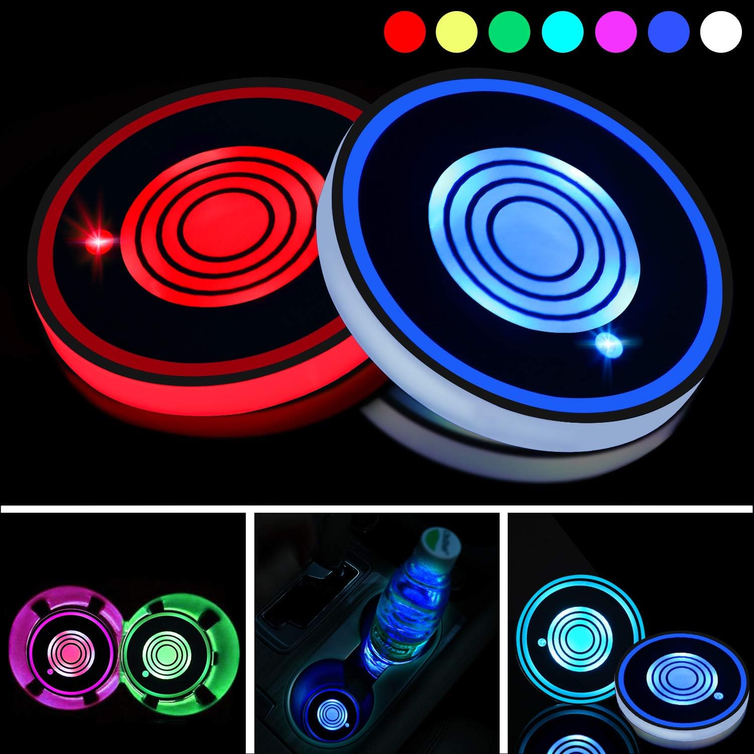 Boao 2 Pieces Led Cup Holder Lights LED Car Coasters 7 Colors Luminescent Cup Pad USB Charging Cup Mat for Drink Coaster Accessories Interior Decoration Atmosphere Light