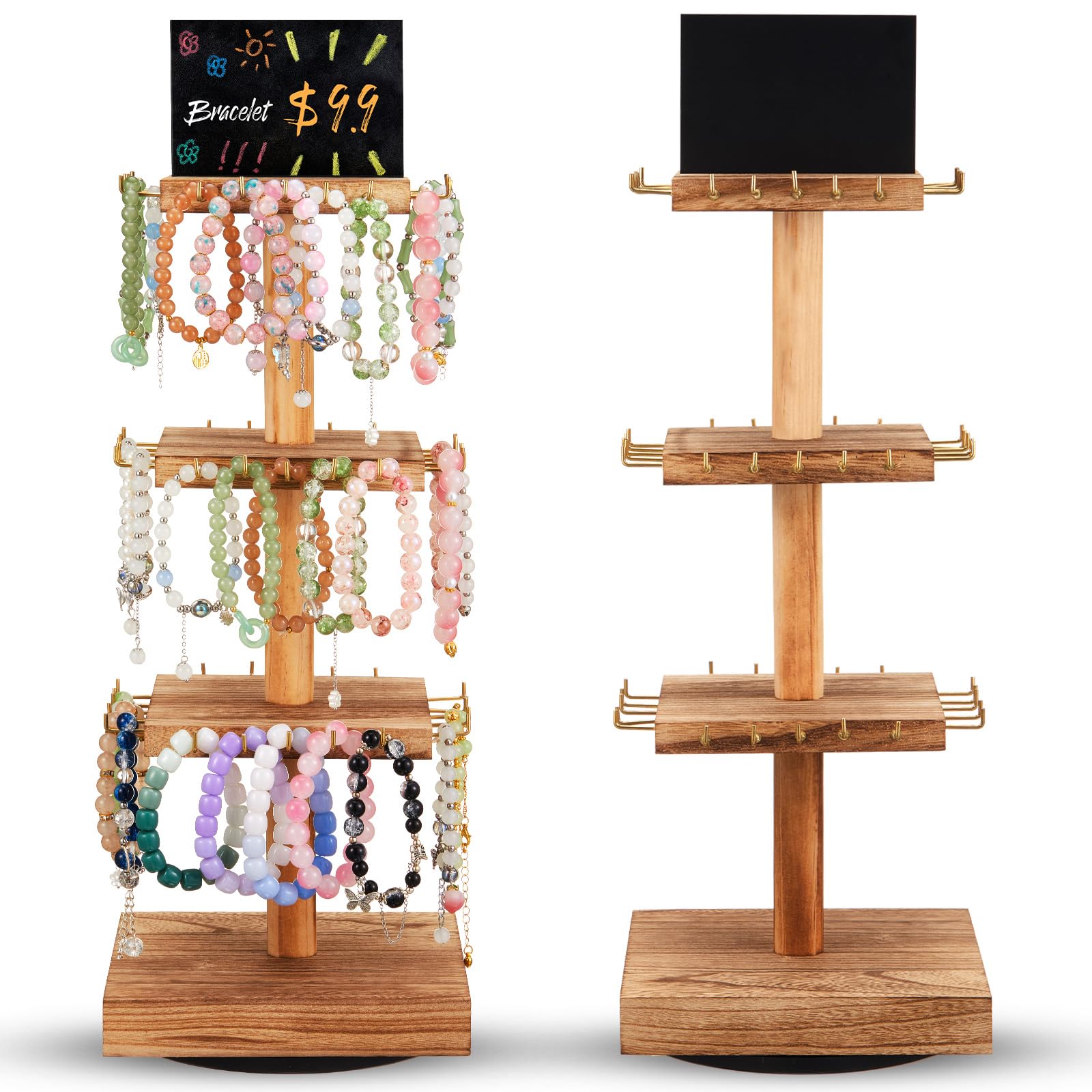 Photo 1 of Yalikop 2 Pcs Bracelet Holder Wood Rotating Bracelet Display Stand 3 Tier Jewelry Tower with Advertising Board for Vendors(Natural Color,Square)