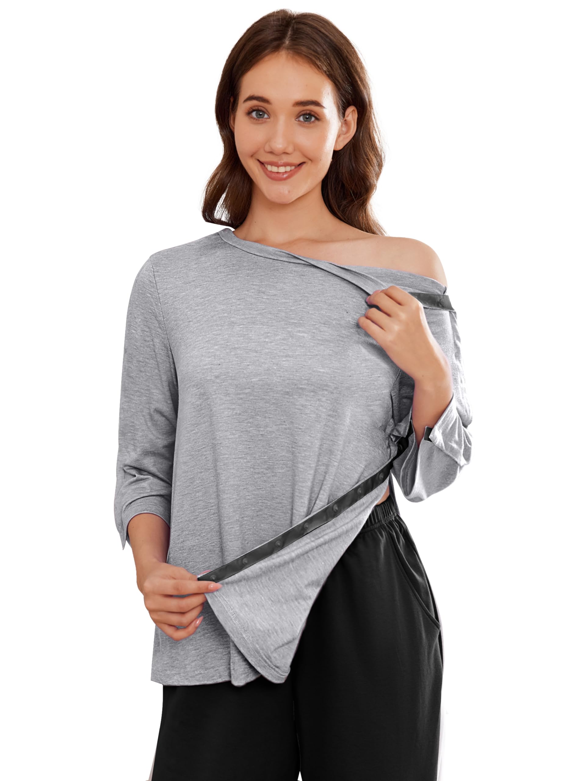 Photo 1 of Deyeek Shoulder Surgery Shirts for Women Tearaway Side Snap 3/4 Long Sleeves Rotator Cuff Dialysis Recovery Chemo Shirts XL Light Grey