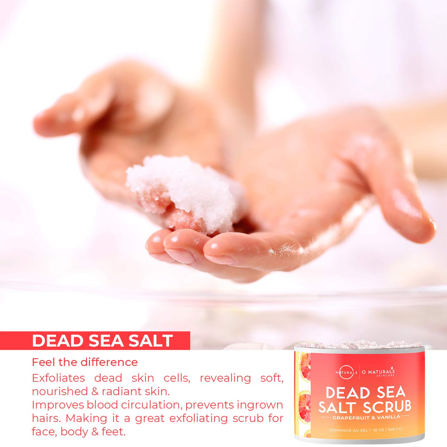 O Naturals Exfoliating Dead Sea Salt Grapefruit Essential Oil Face Body & Foot Scrub. w/Vanilla &. Hydrating Exfoliate Dead Skin, Best Anti Cellulite Acne Ingrown Hairs Corns, Men & Women Scrub 18oz : Beauty