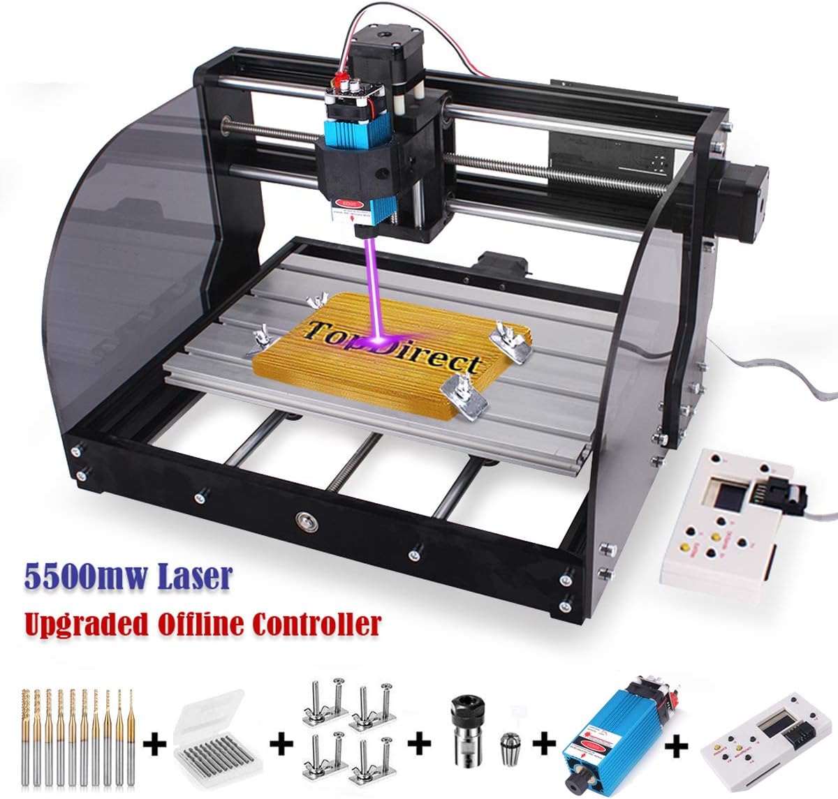 2-in-1 5500mw Laser Engraver CNC 3018 Pro-M Engraving Machine, GRBL Control 3 Axis Mini CNC Router Kit + Offline Controller + Router Bits, Working Area 300x180x45mm, for Wood Plastic Acrylic PVC