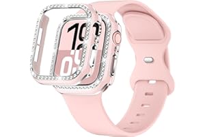 XYF Compatible for Pink Apple Watch Bands 44mm 45mm 46mm 42mm 45mm 40mm 38mm 49mm Women with Bumper Case, Silicone Strap Glitter Bling Face Cover for iWatch SE Ultra 3 2 Series 11 10 9 8 7 6 5 4 3 2 1