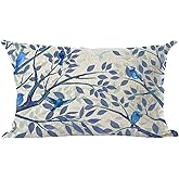 Ramirar Ink Painting Watercolor Blue Lovely Birds Tree Leaves Spring Summer Decorative Lumbar Throw Pillow Cover Case Home Living Room Bed Sofa Car Cotton Linen Rectangular 12 x 20 Inches