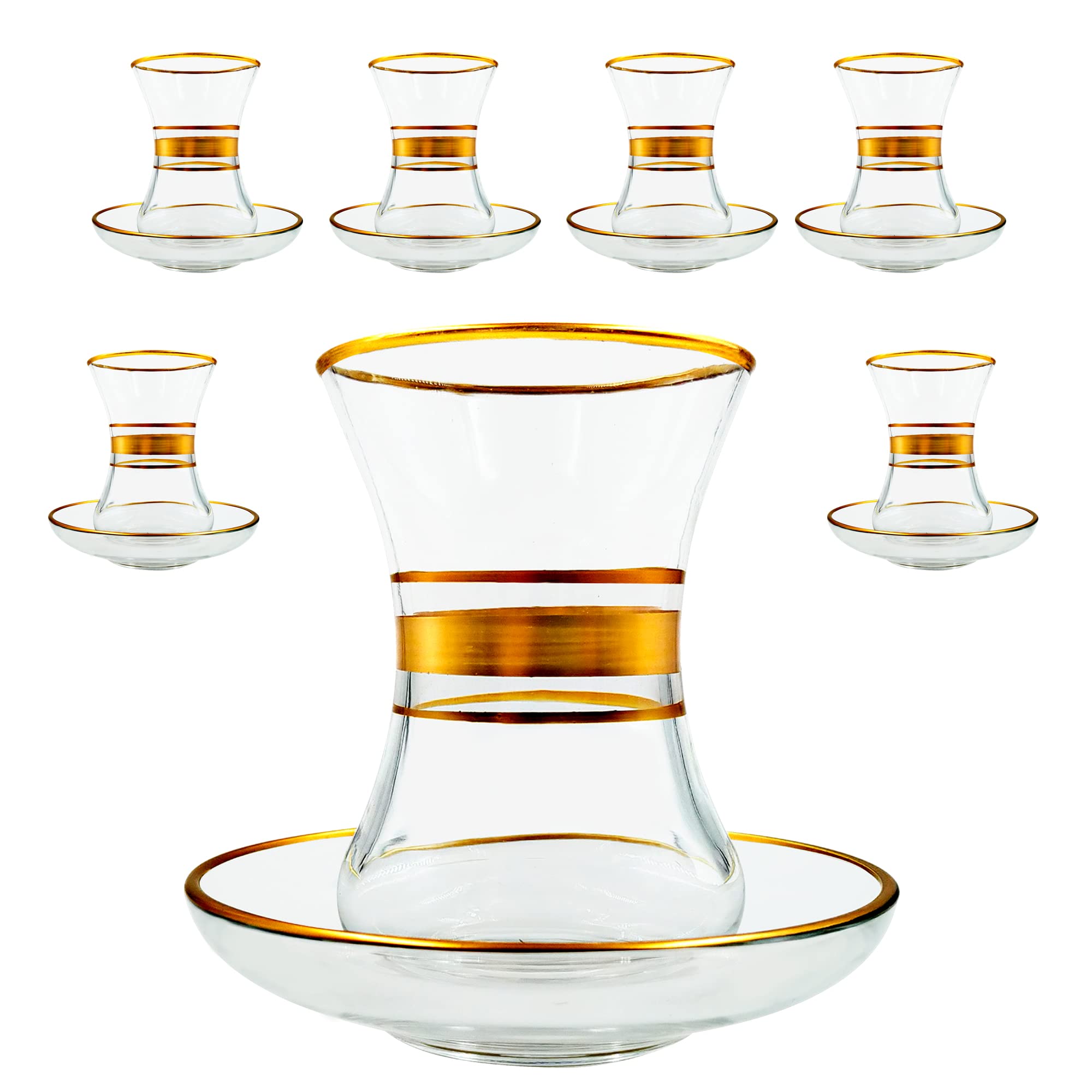 BAYKUL Handmade Turkish Tea Set, Vintage 12 Piece Handmade Glasses Cup and Saucers Set of 6, Party Adults with Handle Gold Fancy Kettles Teapots Serving Drinking Home Tray Kitchen 3.5 oz (Gold 3)