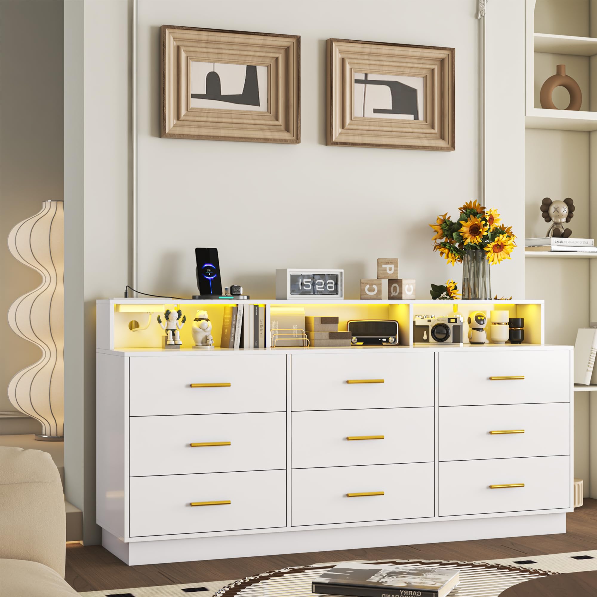 Photo 1 of knoworld White 9 Drawer Dressers for Bedroom, Modern Large Dresser with LED Light and Power Outlet, Wooden Long Dresser, Triple Dresser for Bedroom, Living Room, Entryway, Hallway