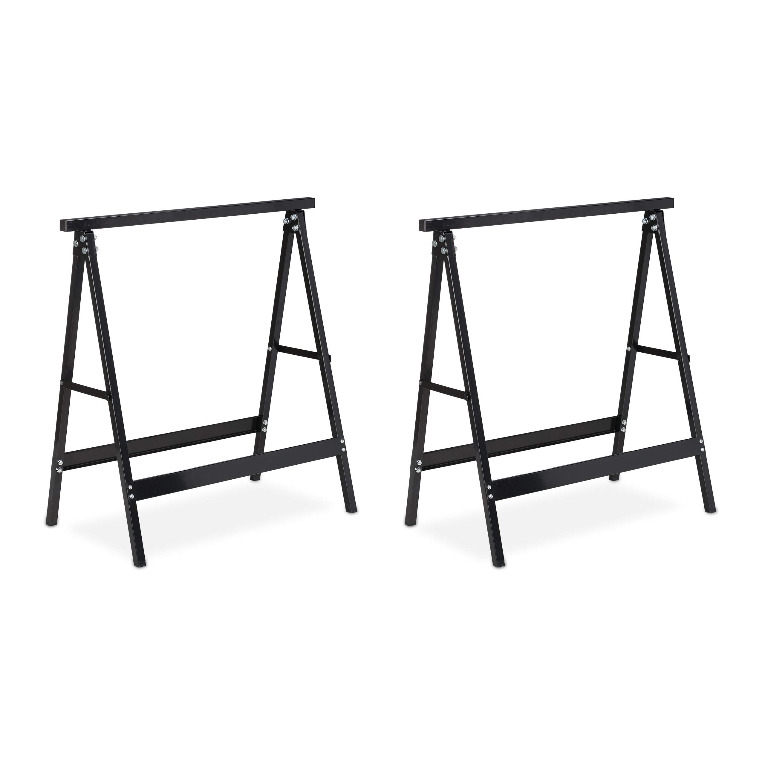 Relaxdays Set of 2 Folding Trestle Legs, Capacity up to 100 kg, Solid Sawhorse, Working Height 75 cm, Compact, Steel, Black