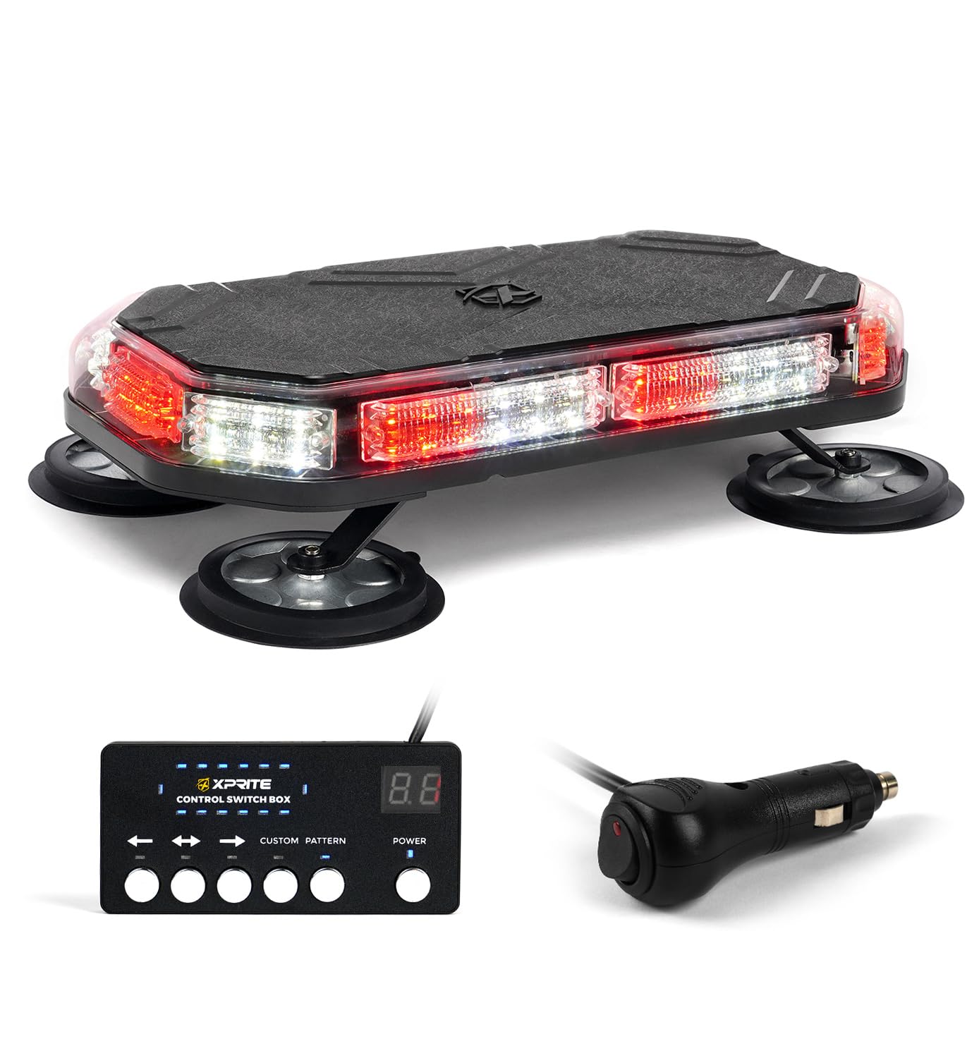 Xprite White Red Rooftop Emergency Strobe Light Bar, Beacon Safety Flashing Volunteer Firefighter Lights w/Control Panel Magnetic Base for First Responder Vehicles Fire Trucks