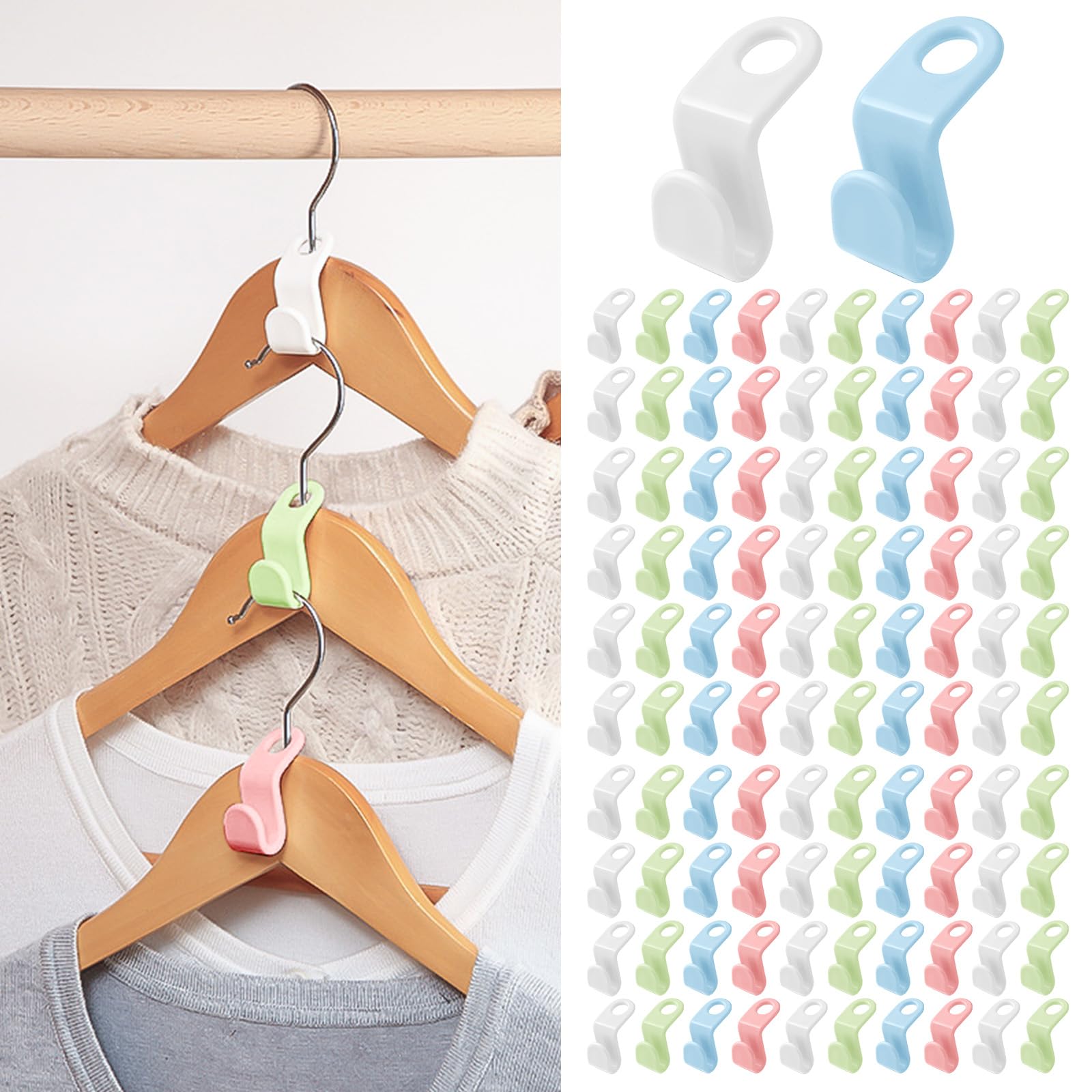 OSDUE Clothes Hanger Connector Hooks, 100 Pcs Space Saving Hangers, Colored Mini Stacked Hooks Closet Hanger Extender Hook for Wardrobe Storage