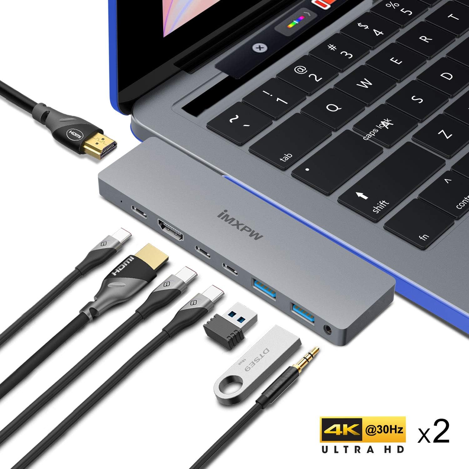 USB C Hub, USB C to 2HDMI Multiport Adapter Compatible MacBook pro 13’’/15’’, Mac Pro Adapter w/Pass-Through Charging Port, 2 USB C Data,2 HDMI, 2 USB 3.0, 3.5mm Audio Jack 8 in 1
