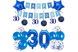 Pargleev 30th Birthday Party Decorations for Men Women in Blue Comprise Balloons with Swirl Decorations, A Happy Birthday Banner, A Set of 16-Inch "30" Numbers and Star Foil Balloons in Blue.