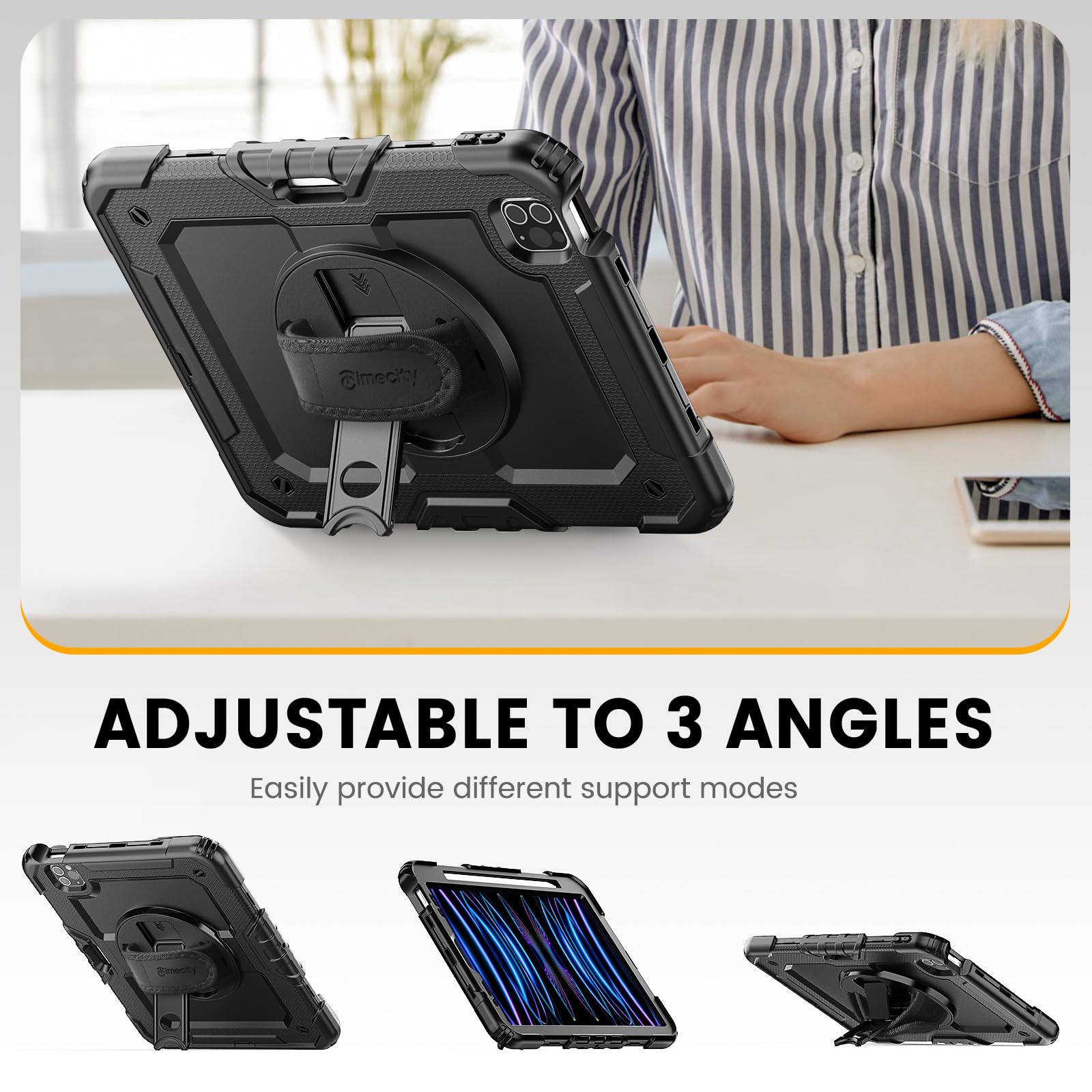 Timecity Case for iPad Pro 11 inch 1st, 2nd, 3rd, 4th Generation 2018/2020/2021/2022 (NOT for 2024), Heavy Duty Rugged Protective Case with Screen Protector,Pencil Holder,Rotating Stand&Handle-Black