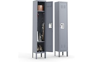 IKIMI 66" Metal Lockers for Employee 1 Door Storage Locker with 2 Shelves,Steel Storage Locker Cabinet with Hooks Gray Tall Locker for School Office Gym Home Garage