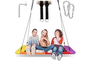 STBOO 700lb Giant Platform Swing for Kids Adults with 2 Hanging Straps, Flying Saucer Tree Swing Set for Backyard Outdoor Indoor, Durable Steel Frame, Waterproof, Adjustable Swivel Ropes (Color, Rectangle)