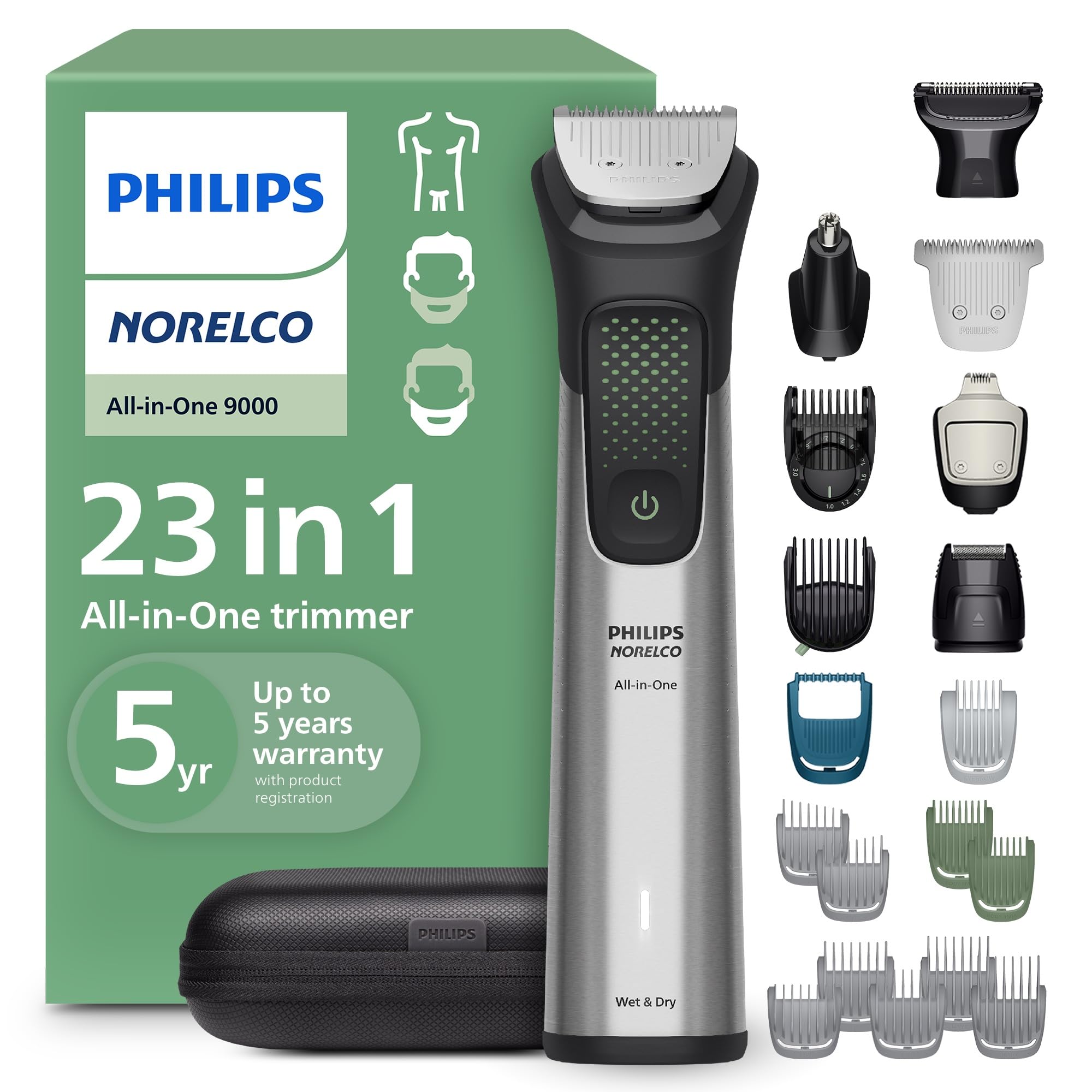 Photo 1 of Norelco Philips All-in-One 9000 Series 23-Piece Trimmer - Electric Shaver and Clipper for Face, Beard, Head & Body, Self-Sharpening Full Metal Blades, 29 Length Settings (0.5-16 mm), MG9575/49