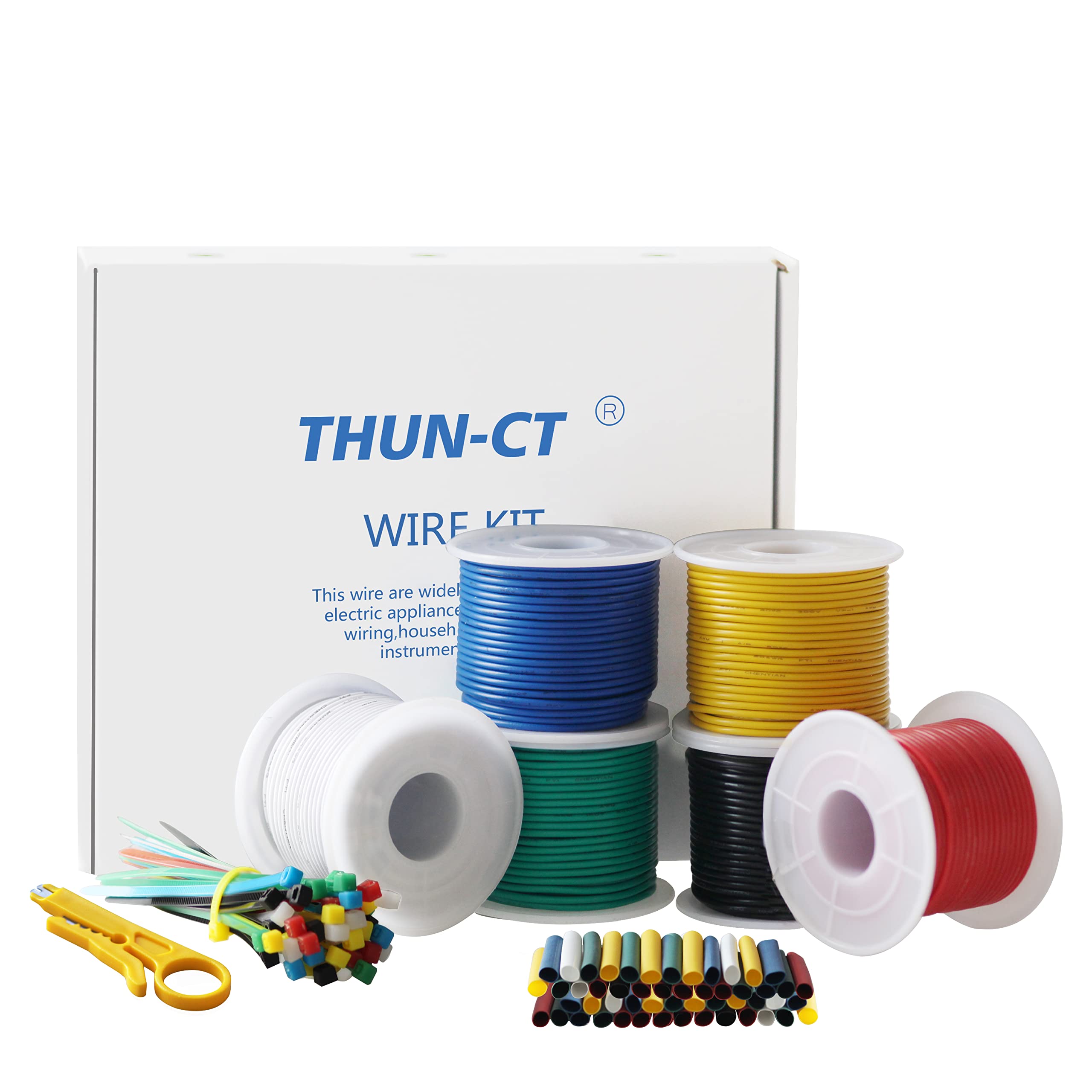 THUN-CT 24 AWG 0.22mm² Electronic Wire Kit 300Ft In Total (6 Colors 15.25M/50Ft Each), Tinned Copper Wire Insulated Wires- 24 Gauge Stranded Hook Up Wires Kit For DIY