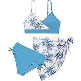 Teen Girls Swimsuit 3 Piece V-Neck Color Block Floral Print Bikini Set with Cover Up Skirt Swimwear Bathing Suits 9-16Y