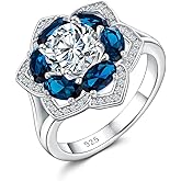 RANDES Flower Engagement Promise Ring Sterling Silver Birthstone Rings for Women Sapphire/Emerald/Ruby Gemstone Six Leaf Clover Statement Cocktail Ring Size 6 to 10