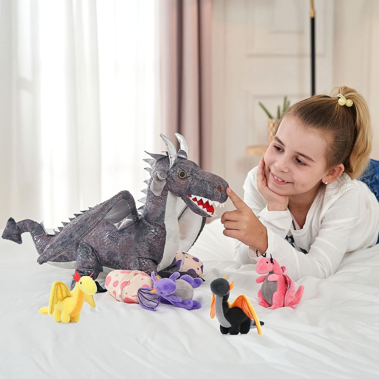 MorisMos 55cm Stehend Drache Kuscheltier mit Baby im Bauch, Grau Groß Plüschdrache Kuscheltiere XXL, Flauschiger Stofftier Plüschtier Dragor Dragon Teddys zum Spielen für Kinder 8