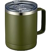 MEWAY 12oz Coffee Mug With Handle and Sliding Lid,Stainless Steel Travel Tumbler Cup with Handle,Double Wall Vacuum Insulated Camping Cup for Hot & Cold Drinks Tea (Army Green,Set of 1