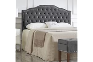 24KF Upholstered Button Tufted Queen/Full Size Headboard with Nailhead Trim, Soft Velvet Fabric - Dark Gray