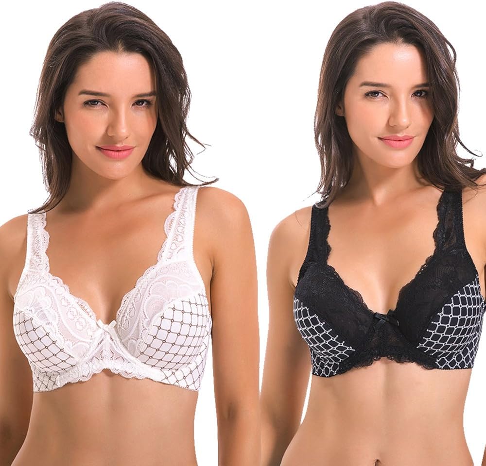Curve Muse Women's Minimizer Unlined Underwire Bra with Lace Embroidery-2 Pack at  Women’s Clothing store