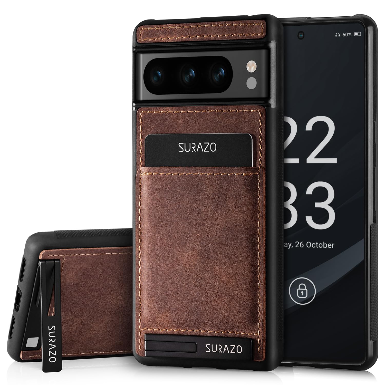 SURAZO Compatible with Google Pixel 8 Pro, Wallet Leather Genuine Premium - Shockproof Slim and Thin Cover with - Card Slot, Kickstand - Vintage Bumper Protective Case