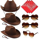 Geyoga 9 Pcs Adult Cowboy Hat with Paisley Bandanas and Heart Shape Sunglasses for Western Cowgirl Party Costume