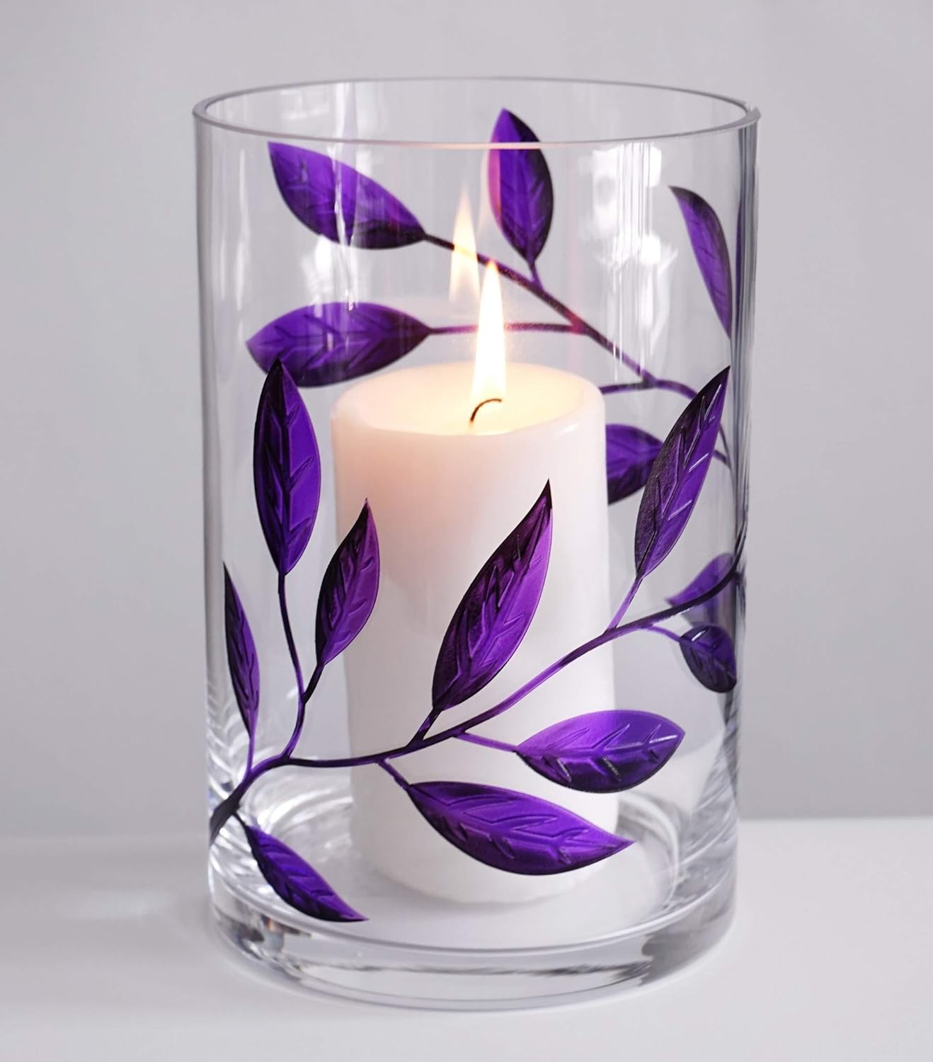 Decorative Hurricane Candleholder with Etched & Painted Leaves - Elegant Home Wedding Decor - Mouth Blown Thick Glass - 8.7 in (22 cm) (Purple): Kitchen & Dining