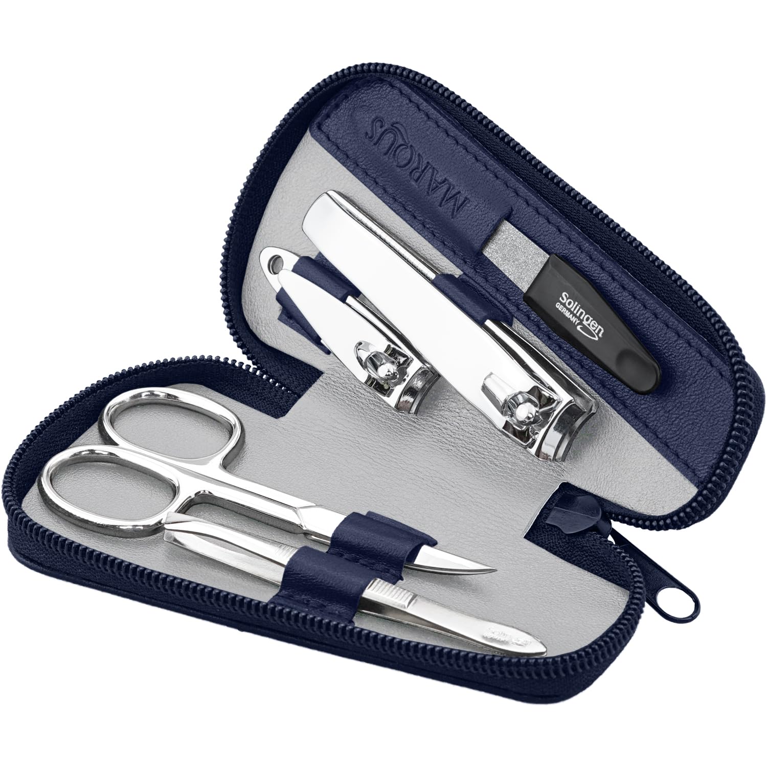 Marqus Manicure Set for Women and Men - 5-Pieces Grooming Kit - File and Tweezers from Solingen - Real Leather Case - Ideal for Travelling, blue